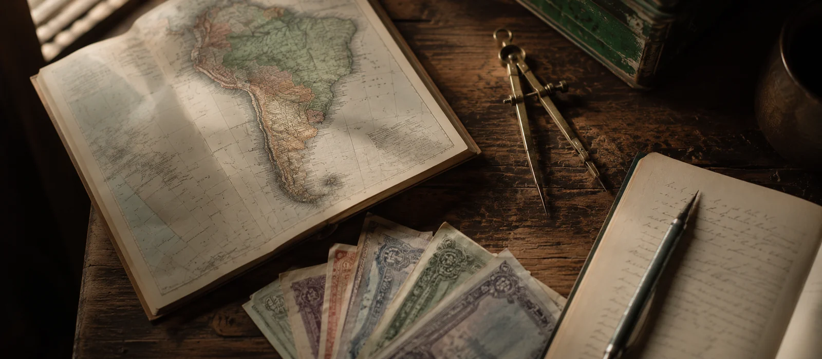 Overhead view of a wooden desk with an open atlas showing South America, a brass drafting compass, a fan of banknotes, and a handwritten notebook