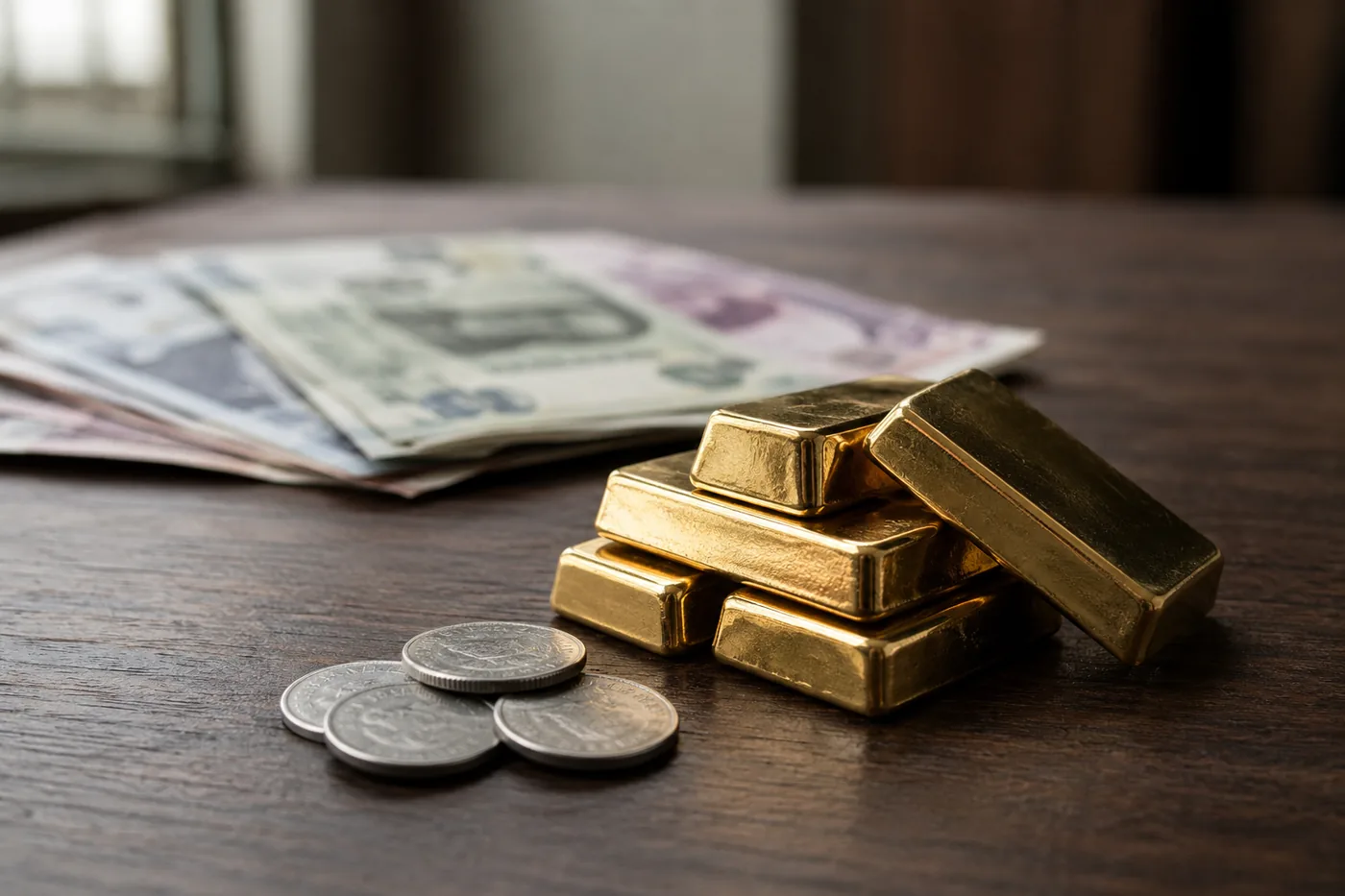 Stack of gold bars and silver coins on a dark wood desk with foreign currency notes in the background